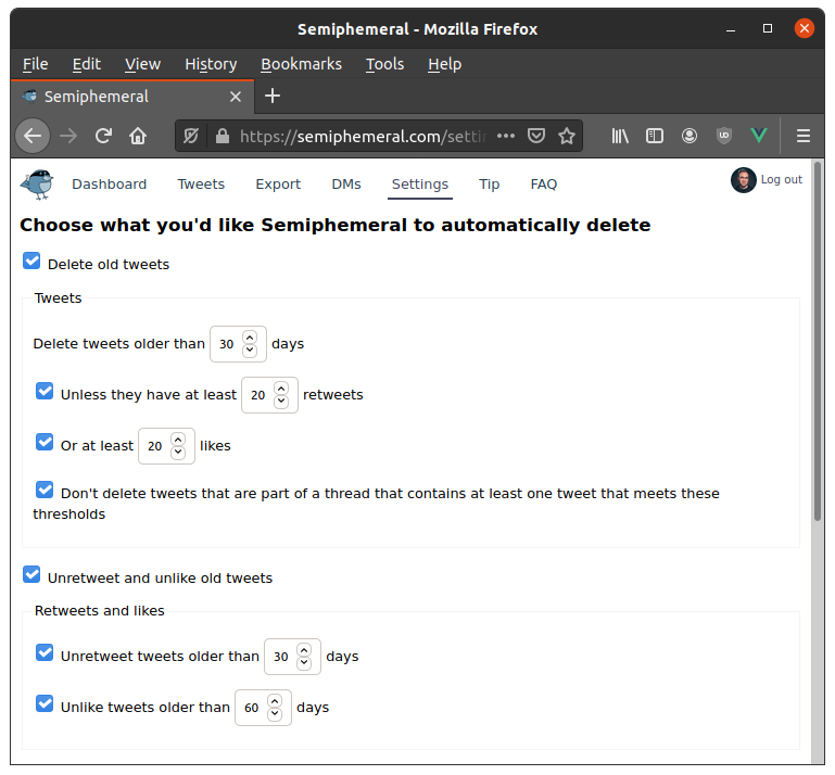 The screenshot shows the old Semiphemeral settings. The settings selected are: delete tweets older than 30 days unless they have at least 20 retweets or at least 20 likes, and unretweet tweets older than 30 days and unlike tweets older than 60 days